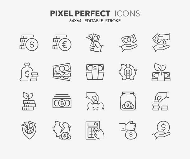 money thin line icons 3 Thin line icons set of money, coins and finances. Outline symbol collection. Editable vector stroke. 64x64 Pixel Perfect. money stock illustrations