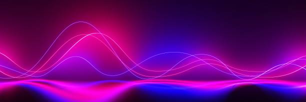 istock Neon glowing lines, speed laser light beams on black background 3d render. Abstract dynamic music sound waves, curved stripes with reflection, trail effect. Modern fashion wallpaper 1585424441