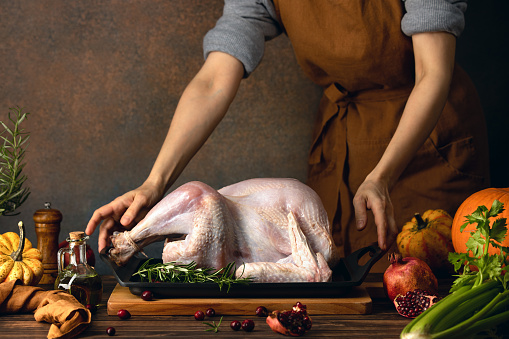 Woman preparing a turkey for family Thanksgiving dinner, traditional home cooking culinary concept