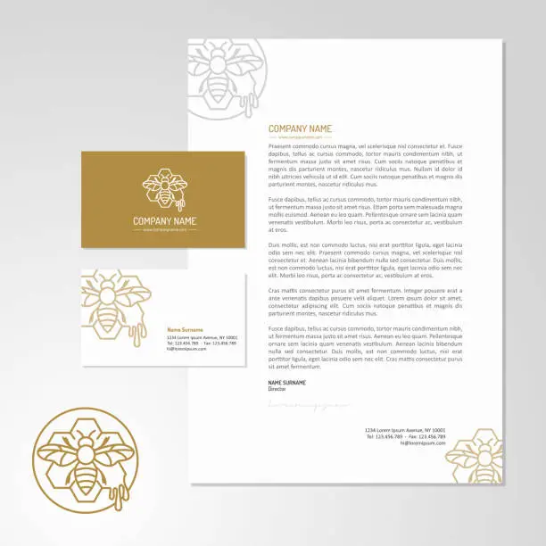 Vector illustration of Honey production company logo design with business card and letterhead