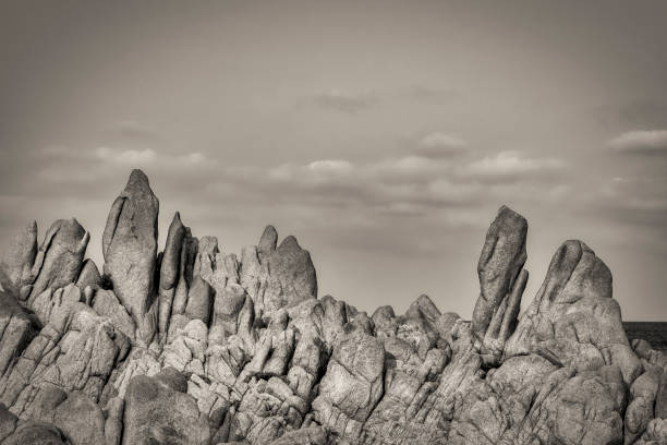 black and white eroded granite gros plan en noir et blanc des rochers en granite érodés du littoral de Corse du sud image en noir et blanc stock pictures, royalty-free photos & images