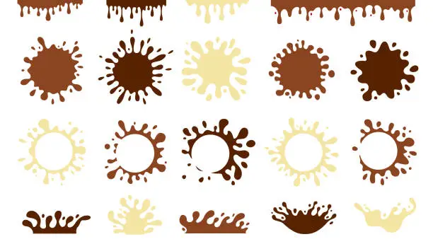 Vector illustration of Chocolate Caramel Splash Blob Set. Grunge Vector. Advertising Bages.