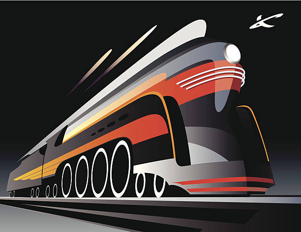 Illustration of high speed locomotive in motion Stylized retro, art deco '30s streamlined locomotive and coal tender speeding on track at night. Silhouette of the planet Saturn in sky. aerodynamic stock illustrations