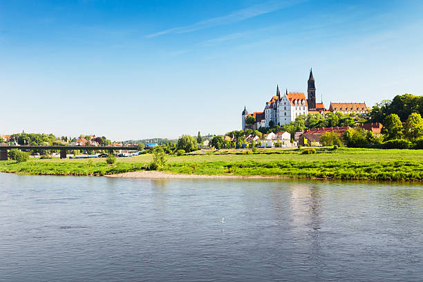 Panoramic view over river Elbe to castle Albrechtsburg and the cityscape of Meissen in Saxony, Germany.