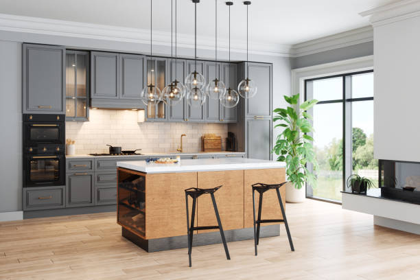 istock Beautiful Kitchen In Luxury Home With Island 1585469400