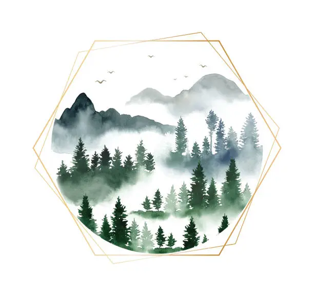 Vector illustration of Watercolor misty coniferous forest landscape in hexagon golden frame