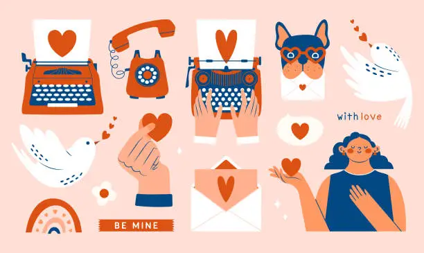 Vector illustration of Love mail set. Cute cliparts for Valentine's Day card, planner sticker, notes. Modern colorful illustration with vintage typewriter, phone, women holding heart, dove, birdie, letter, french bulldog.