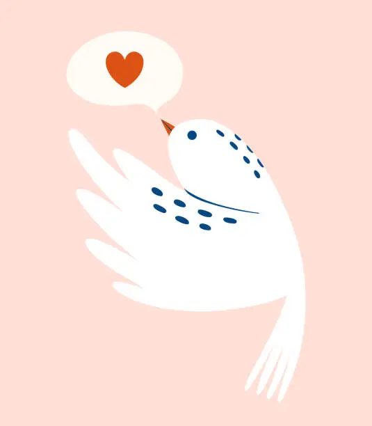 Vector illustration of Cute flying bird with bubble speech and heart. Clipart in pastel shades with singing birdie for card, valentine's, sticker, banner, print, badge. Cartoon romantic character.