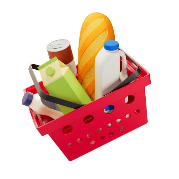 istock Plastic shopping basket with groceries inside. 3D illustration 1585473006
