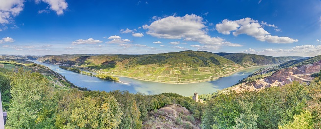 Panoramic picture over the Rhine near Bingen in daylight in summer