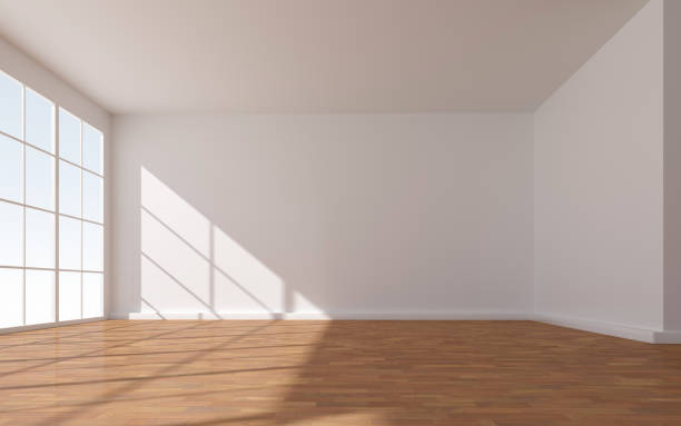 istock 3D rendering of white wood flooring, open and clean room 1585474883