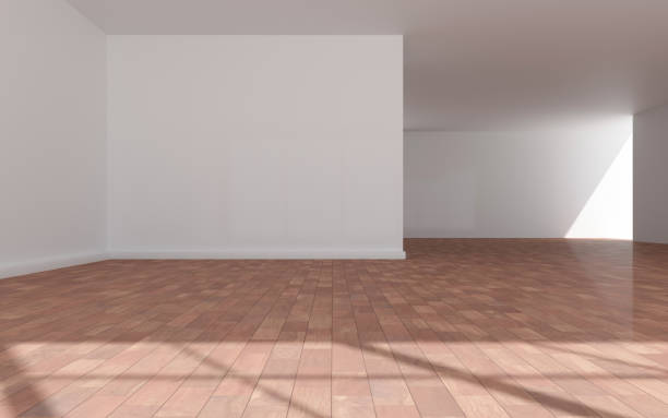 istock 3D rendering of white wood flooring, open and clean room 1585474885