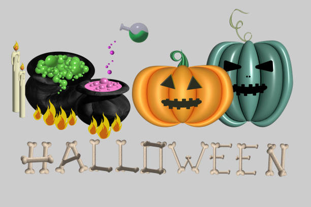 ilustracja 3d jesiennych wakacji, magiczny wywar, napis na halloween kości. świetnie nadaje się do projektowania i dekoracji banera, strony internetowej lub bloga. niesamowita atmosfera października i święto zmarłych - hersheys zdjęcia i obrazy z banku zdjęć