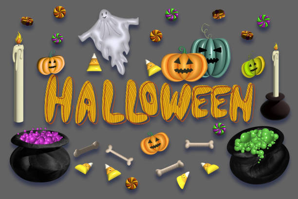 ilustracja 3d jesiennych wakacji, magiczny wywar, kości, latający duch, napis halloween. świetnie nadaje się do projektowania i dekoracji banera, strony internetowej lub bloga. niesamowita atmosfera października i święto zmarłych - hersheys zdjęcia i obrazy z banku zdjęć