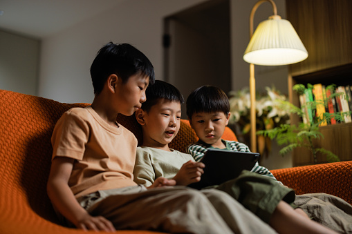 These are three Asian boys, they are brothers. The younger brother is about 6 to 7 years old, and the older brother is about 10 years old. Wearing casual clothes and sitting on the sofa in the living room. Holding a digital tablet in hand, playing games or learning online.