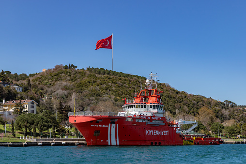 Istanbul, Turkey - April 8, 2023: A picture of the Search and Rescue Vessel Nene Hatun at the Bosphoros strait.