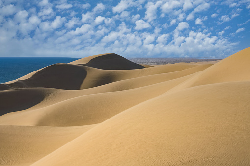 Namibia, the Namib desert, landscape of yellow dunes falling into the sea