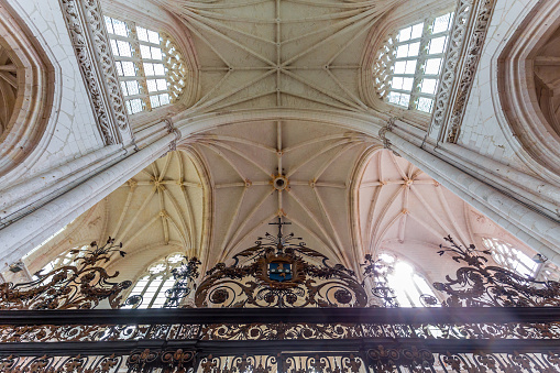 Inside view of the famous Solothurn Cathedral (Cathedral of St. Ursus). This huge church in Neoclasscal Style wasc completet in 1773. The Architects where Gaetano Matteo Pisoni and Paolo Antonio Pisoni. The image shows the stucco ceiling and architectural columns.