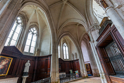 Saint Riquier, Somme, France, june 17, 2022 : central nave, arches and pillars of the Saint Riquier abbey church