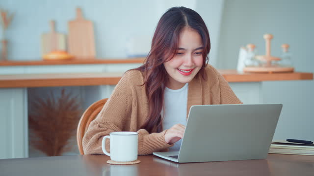 Happy positive young asian woman enjoying online communication at home, Female using wifi while video conferencing with friend, sitting in front of open laptop