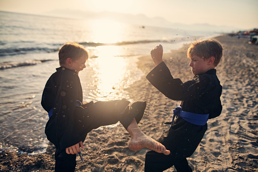 Little boys practicing kung fu on the beach. Boys are fighting. The impact of the blocked kick is sending sand particles through the air.
Show with Nikon D850