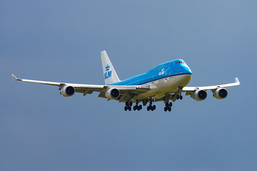Amsterdam / Netherlands - August 15, 2014: KLM Royal Dutch Airlines Boeing 747-400 PH-BFD passenger plane arrival and landing at Amsterdam Schipol Airport