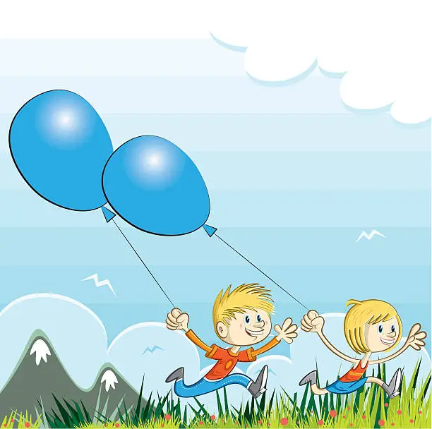 Vector illustration of boy and girl running into the nature