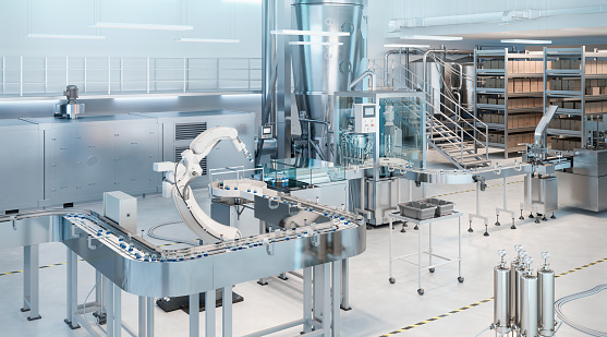 3D rendering of an automatic medicine manufacturing plant. Robotic arm working on medicine manufacturing production line.