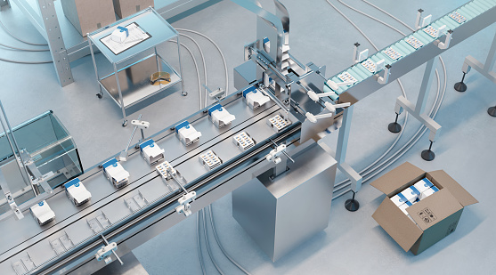 High angle view of automated packaging line conveyor belt in pharmaceutical factory.  3D render of pharmaceutical production line with medicines being packed in boxes.