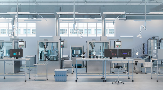 Digitally generated image of inspection laboratory in medicine production factory. 3D render of empty laboratory with scientific monitors on desks.