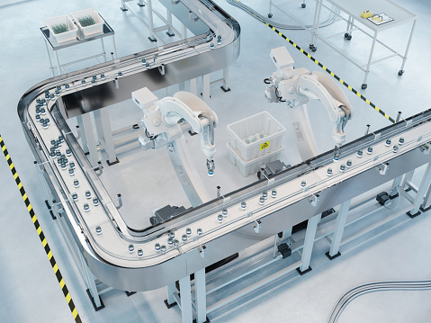 Aeriel view of automated conveyor belt with robotic arms in medicine factory.  Pharmaceutical production line with robots, 3D render.