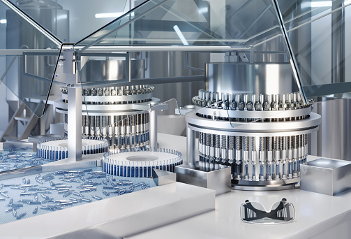 Optical inspection of vials and ampoules for particulates in liquid and container defects. 3D rendering of medical ampoule production line at modern pharmaceutical factory.