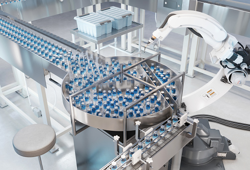3D rendering of an automatic medicine manufacturing factory. Robotic arm working on medicine manufacturing production line.