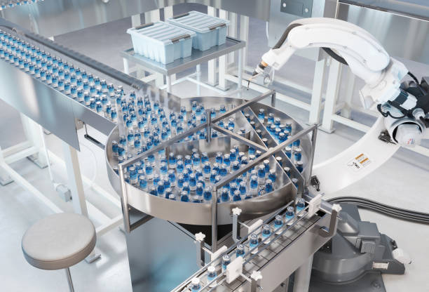 3D rendering of an automatic medicine manufacturing factory 3D rendering of an automatic medicine manufacturing factory. Robotic arm working on medicine manufacturing production line. drug manufacturing stock pictures, royalty-free photos & images