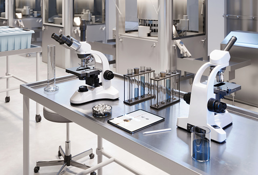 3d rendering of pharmaceutical factory laboratory. Microscopes on inspection table with digital tablet in medicine manufacturing plant.