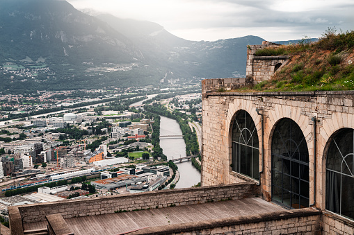 Close-up of fortified wall and on the Fort de la Bastille. This image was taken in Grenoble city on a cloudy summer day, in the department of Isere, Auvergne-Rhône-Alpes region in France, Europe.