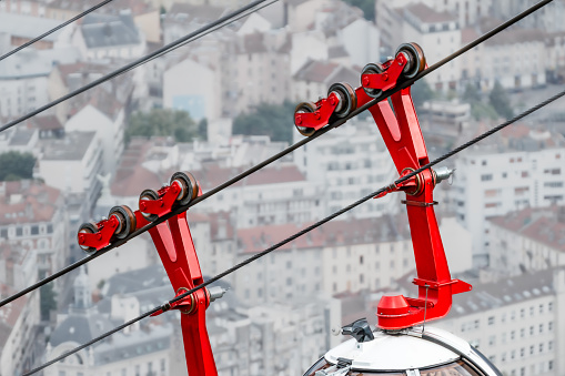 Close-up of the Bastille cable car in Grenoble city on a cloudy summer day, in the department of Isere, Auvergne-Rhône-Alpes region in France, Europe.