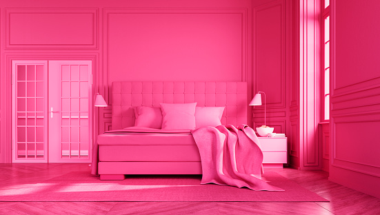 Modern pink colored bedroom with king size bed -  3D illustration
