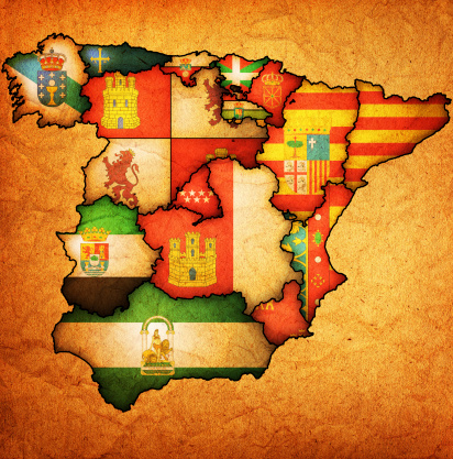 administration map of regions of spain with flags and emblems