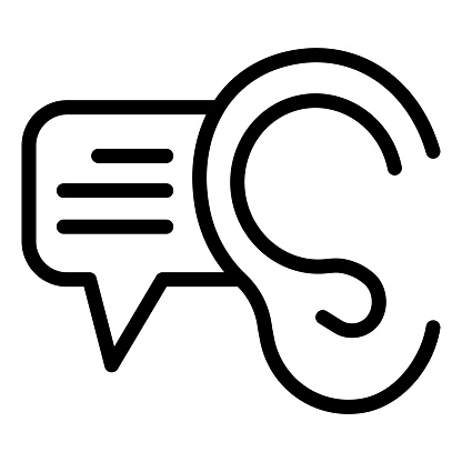 Ear and dialogue line icon. Ear listening with text bubble symbol, outline style pictogram on white background. Audio advertising sign mobile concept web design. Vector graphics