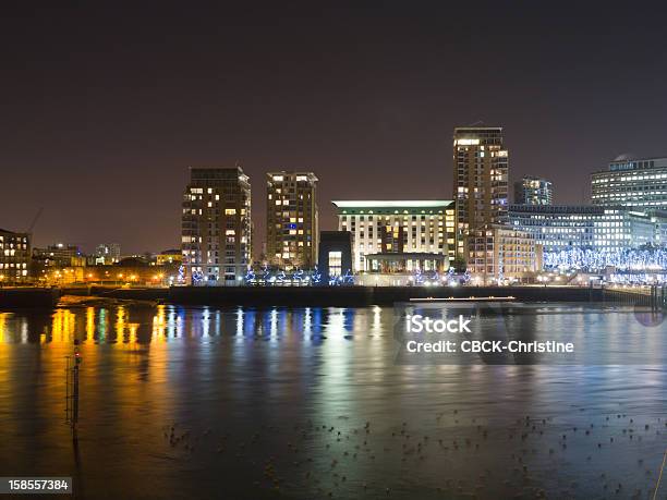 Thames At Night Stock Photo - Download Image Now - Apartment, Canary Wharf, Architecture