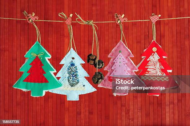 Homemade Christmas Decoration Over Red Background Stock Photo - Download Image Now - Christmas Present, Group Of Objects, Rural Scene