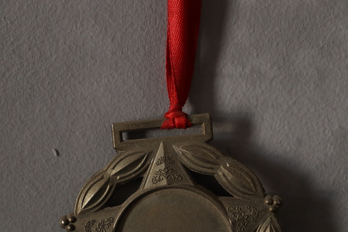 A bronze Medal tied with Red ribbon in grey background