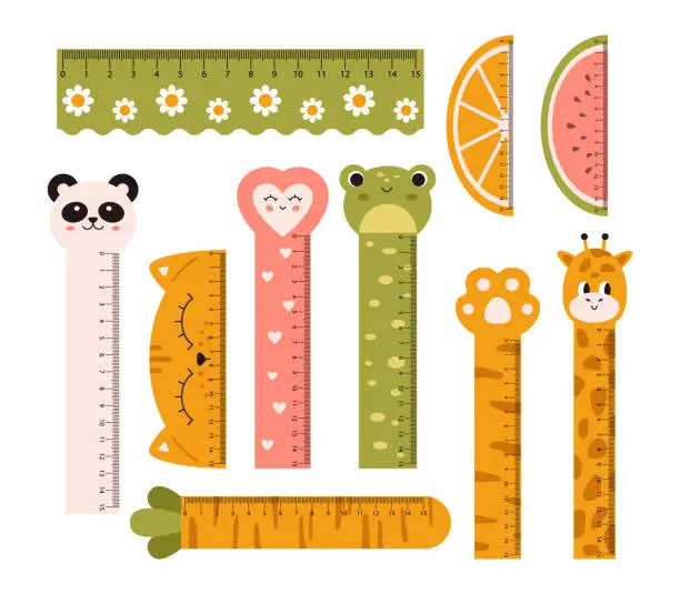 Vector illustration of Vector set with cute measuring rulers. Kawaii collection in flat design. Centimeter scales. Funny animals and fruits on rulers. Measuring tools.