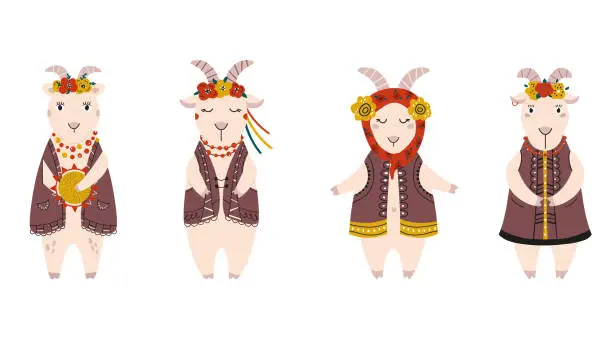 Vector illustration of Vector illustrations with cute goats in national Ukrainian costumes