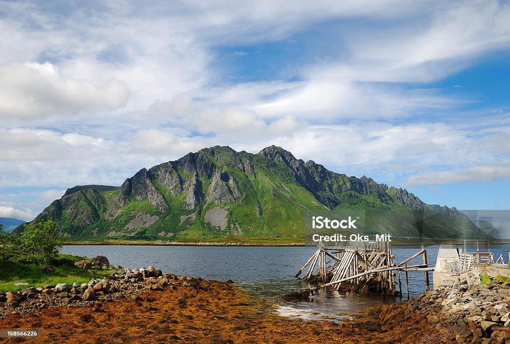 Lofoten islands in summer Majestic mountain is towering above blue fjord. The rock is overgrown with greenery. In the foreground there is seacoast with seaweeds and wood pier ruined. Norway Stock Photo