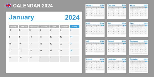ilustraciones, imágenes clip art, dibujos animados e iconos de stock de calendario del reino unido para 2024. la semana comienza el lunes. plantilla vectorial simple. planificador de diseño de negocios. - calendario