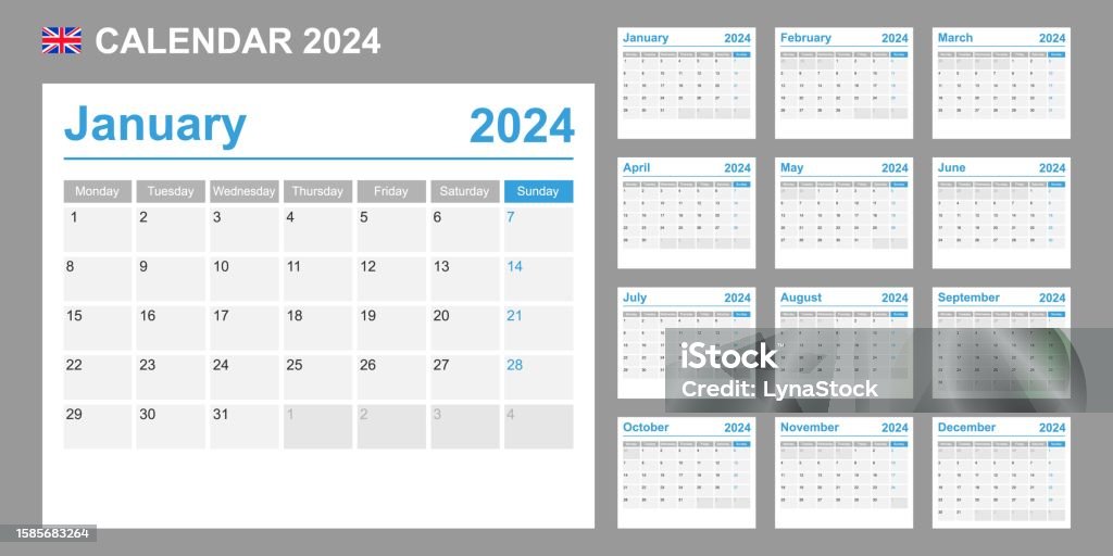 UK calendar for 2024. Week starts on Monday. Simple vector template. Business design planner. Calendar stock vector UK calendar for 2024. Week starts on Monday. Simple vector template. Business design planner. Calendar stock vector