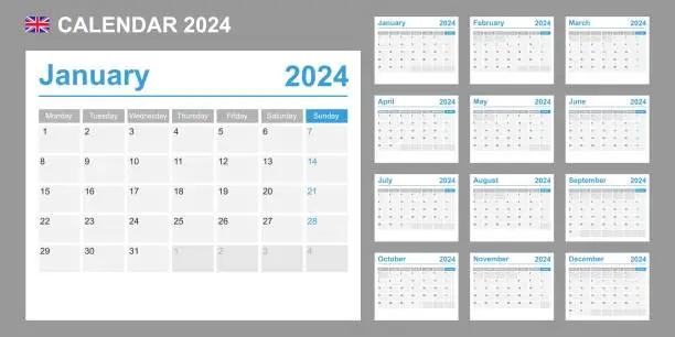 Vector illustration of UK calendar for 2024. Week starts on Monday. Simple vector template. Business design planner.