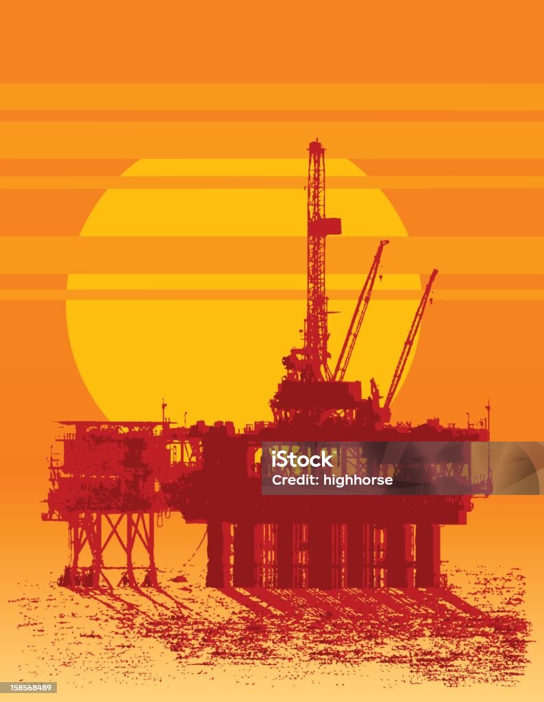 Coucher de soleil sur le pétrole - clipart vectoriel de Plateforme offshore libre de droits